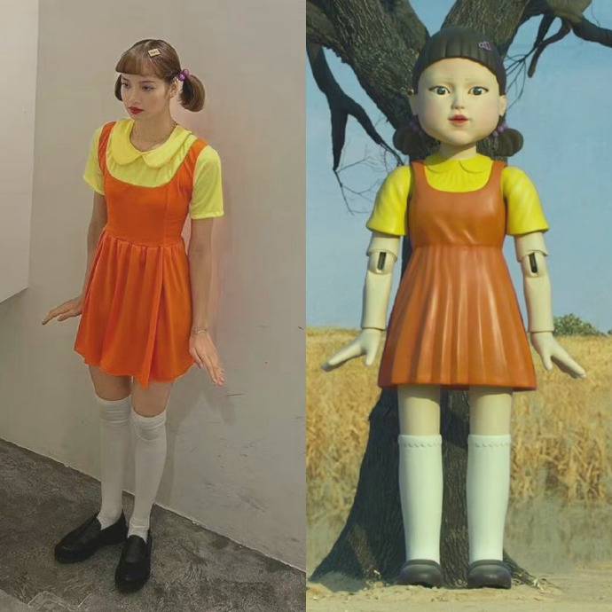 万圣节Cosplay《鱿鱼游戏》木头人小女孩_1