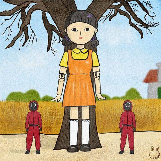 《鱿鱼游戏》木头人小女孩彩色简笔画图片大全_5