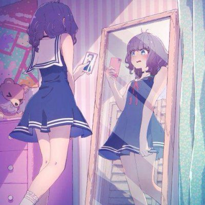 可爱二次元短裙少女对镜子手机自拍图片