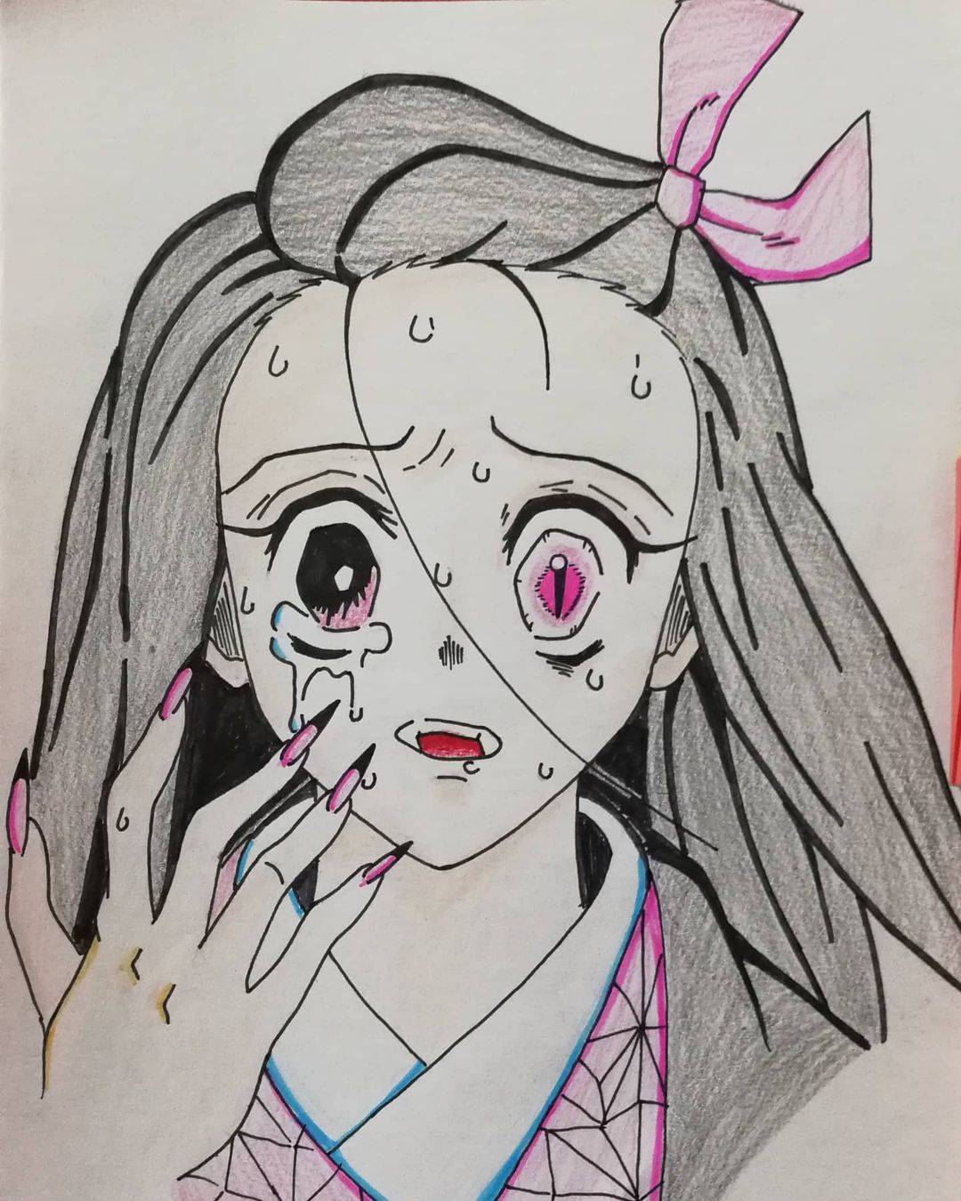 鬼灭之刃 无限列车篇-灶门祢豆子彩色动漫简笔画图片_7