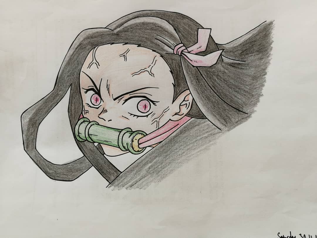 鬼灭之刃 无限列车篇-灶门祢豆子彩色动漫简笔画图片_2