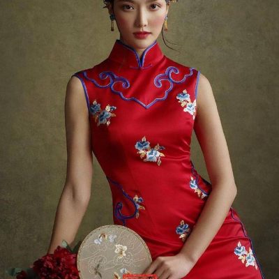 古风唯美旗袍美女图片，三蓝绣百花如意云头旗袍！