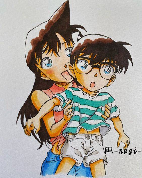 毛利兰和缩小后的柯南同框彩色简笔画图片大全_1