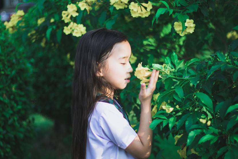 女孩侧脸嗅花闻花香味唯美图片_1