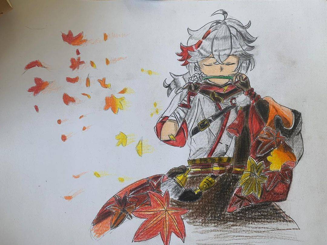 手绘版《原神》枫原万叶简笔画超帅图片精选_5