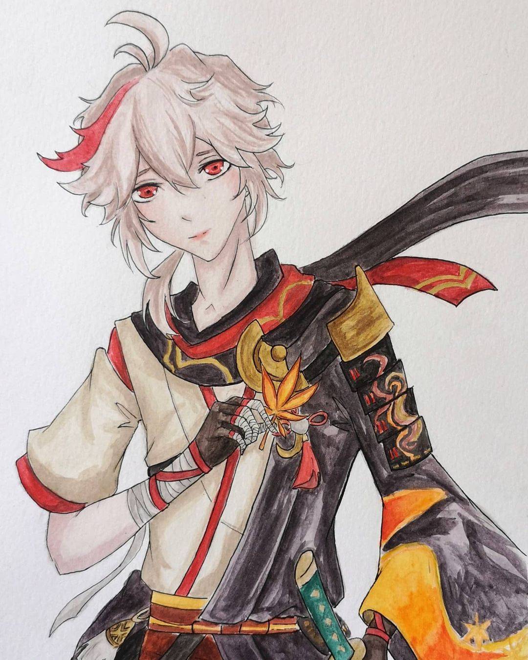 手绘版《原神》枫原万叶简笔画超帅图片精选_1