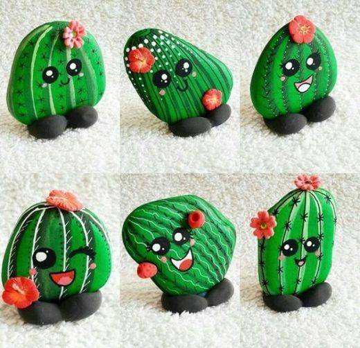 卡通仙人掌彩色丙烯石头画图片_8