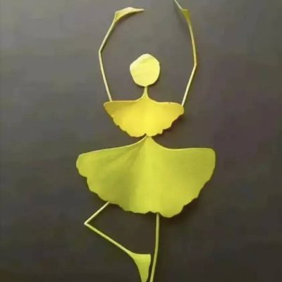银杏树叶做跳芭蕾舞的女孩 树叶粘贴画作品