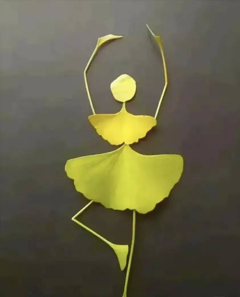 银杏树叶做跳芭蕾舞的女孩 树叶粘贴画作品_1