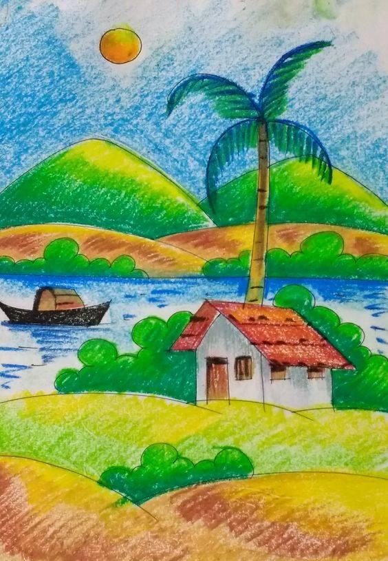 蓝天白云田野风景简笔画图片大全_1