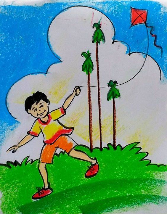 小男孩放风筝风景简笔画图片精选_1