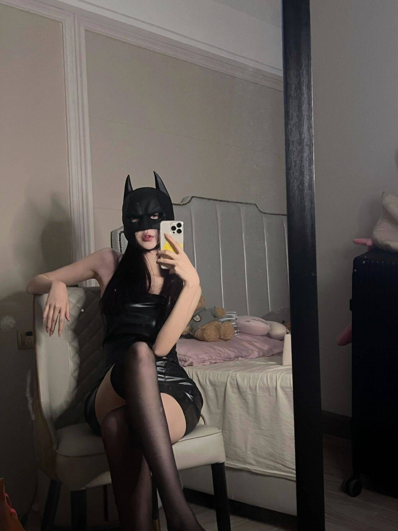 美女戴面具穿黑色高跟cosplay蝙蝠侠，_3