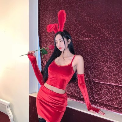 长耳朵红兔子女郎搭配黑网丝袜