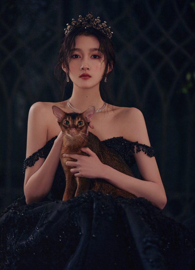 关晓彤抱猫头戴皇冠暗黑公主风格个性写真_1