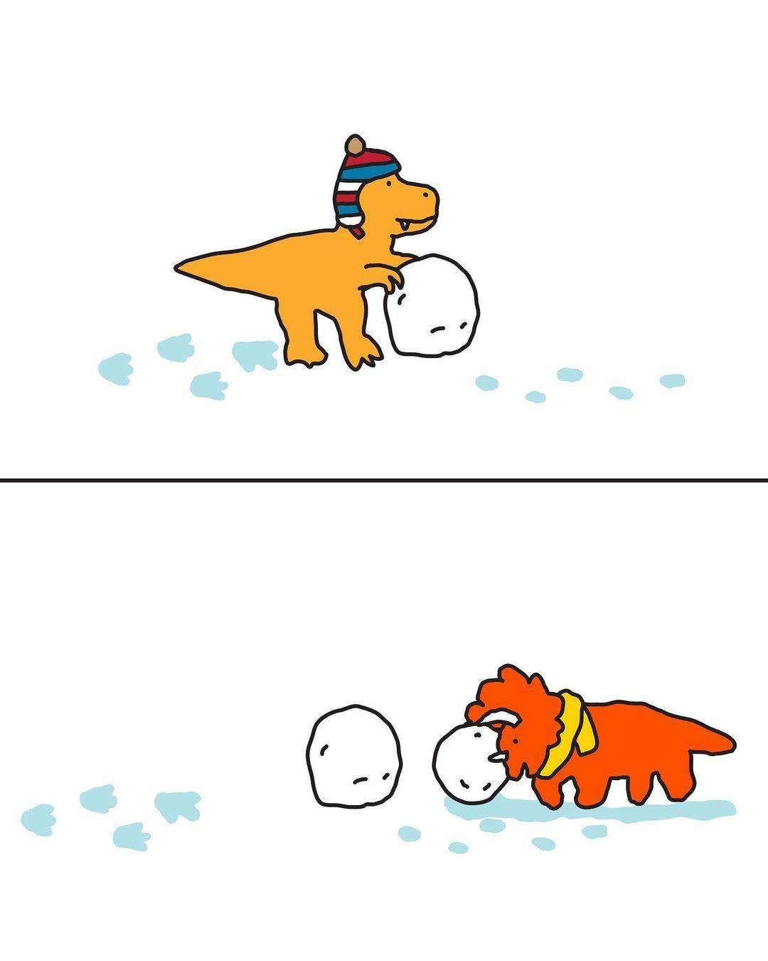 可爱卡通小恐龙堆雪人简笔画图片大全_1