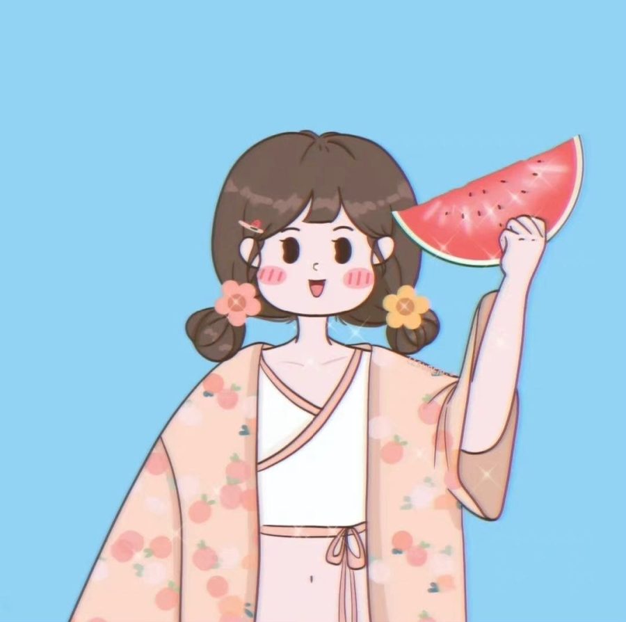 手绘卡通夏装情侣头像 夏天摄影吃西瓜情头_2