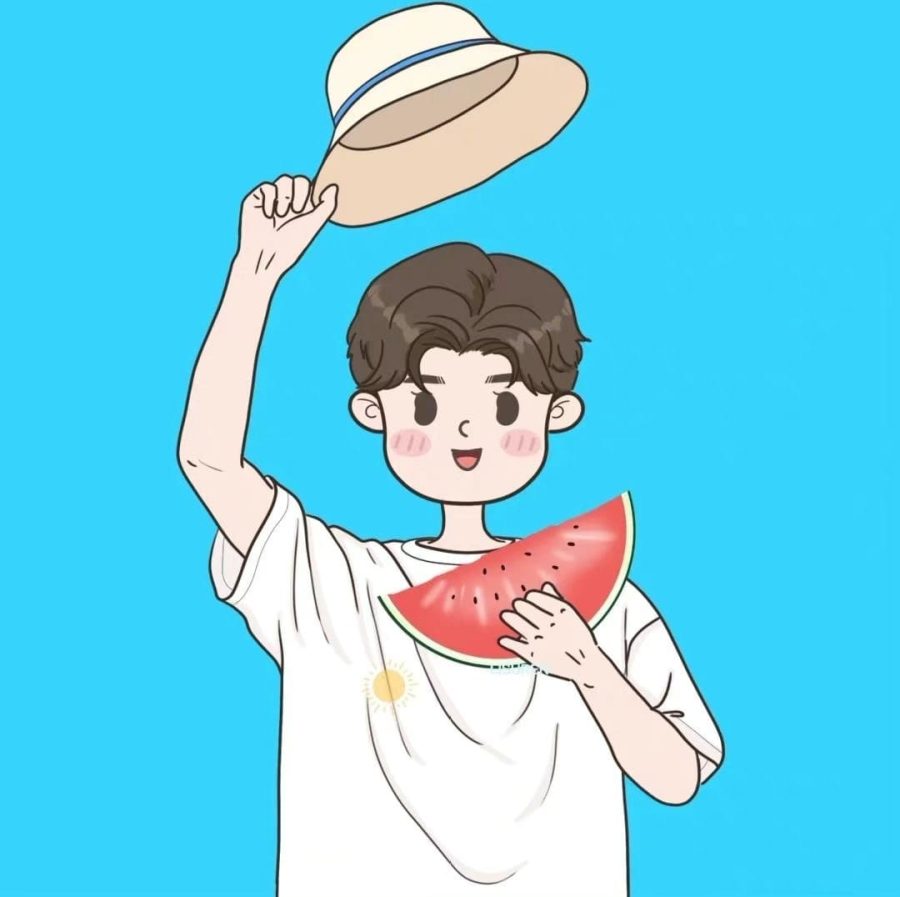 手绘卡通夏装情侣头像 夏天摄影吃西瓜情头_5
