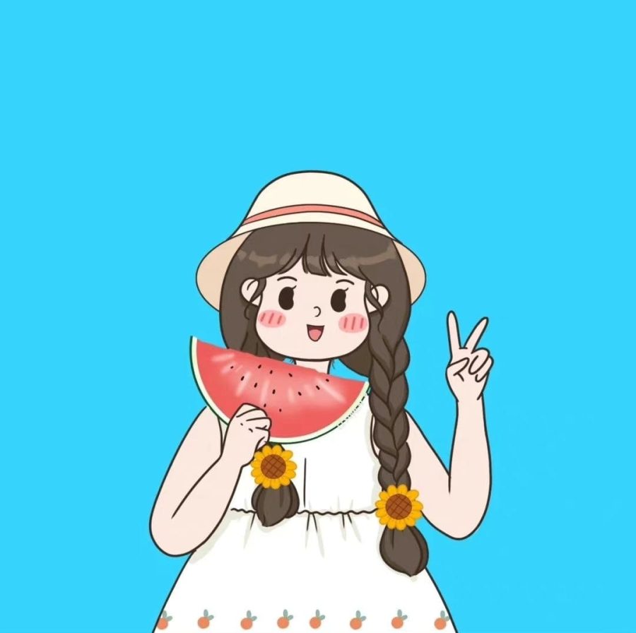 手绘卡通夏装情侣头像 夏天摄影吃西瓜情头_8