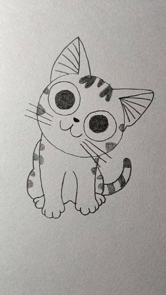 可爱卡通小猫咪铅笔黑白简笔画图片大全_5