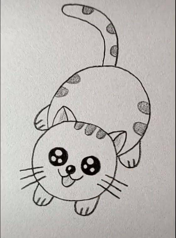 可爱卡通小猫咪铅笔黑白简笔画图片大全_4