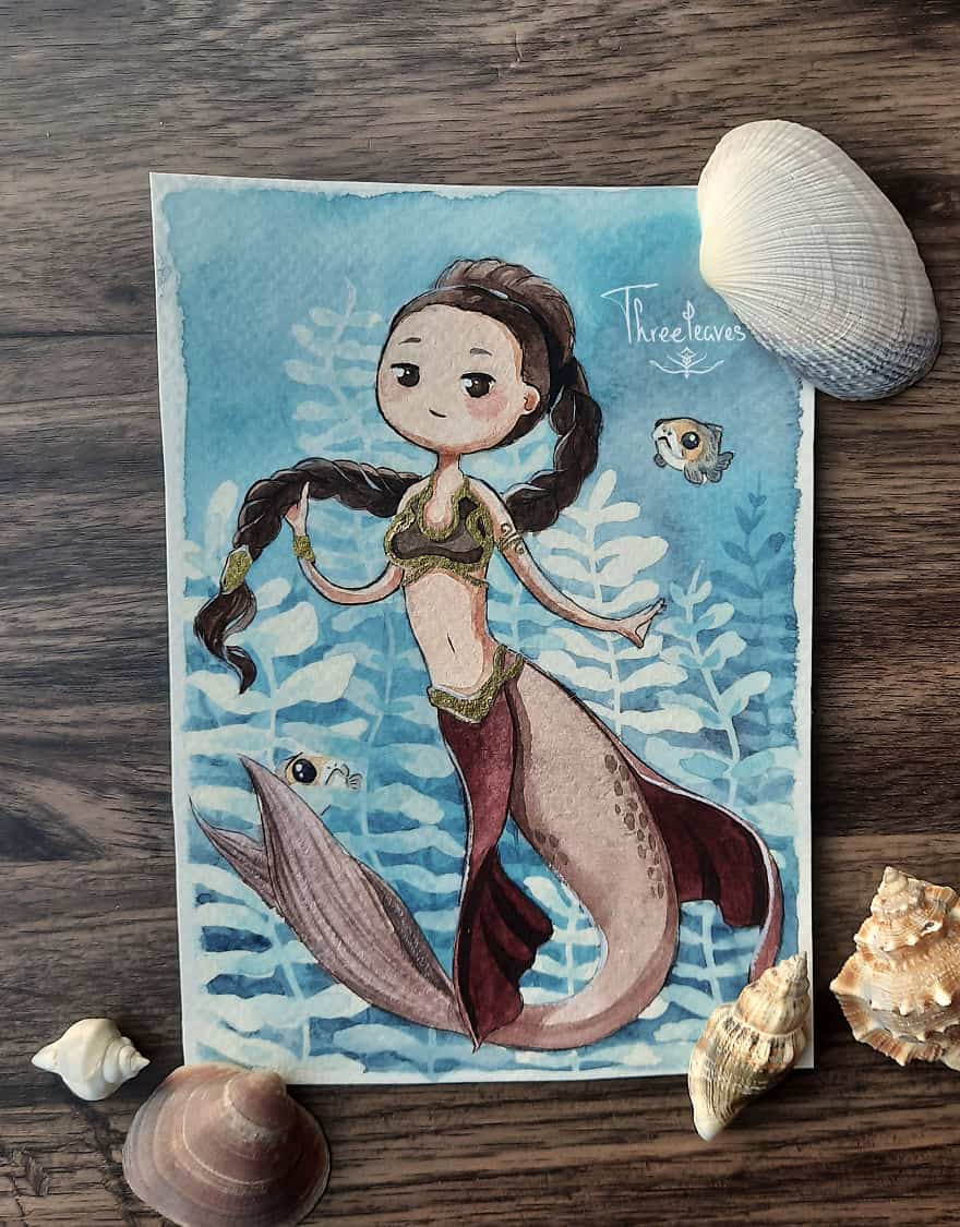 水彩美人鱼公主卡通简笔画绘画作品图片大全 作者Threeleaves_1