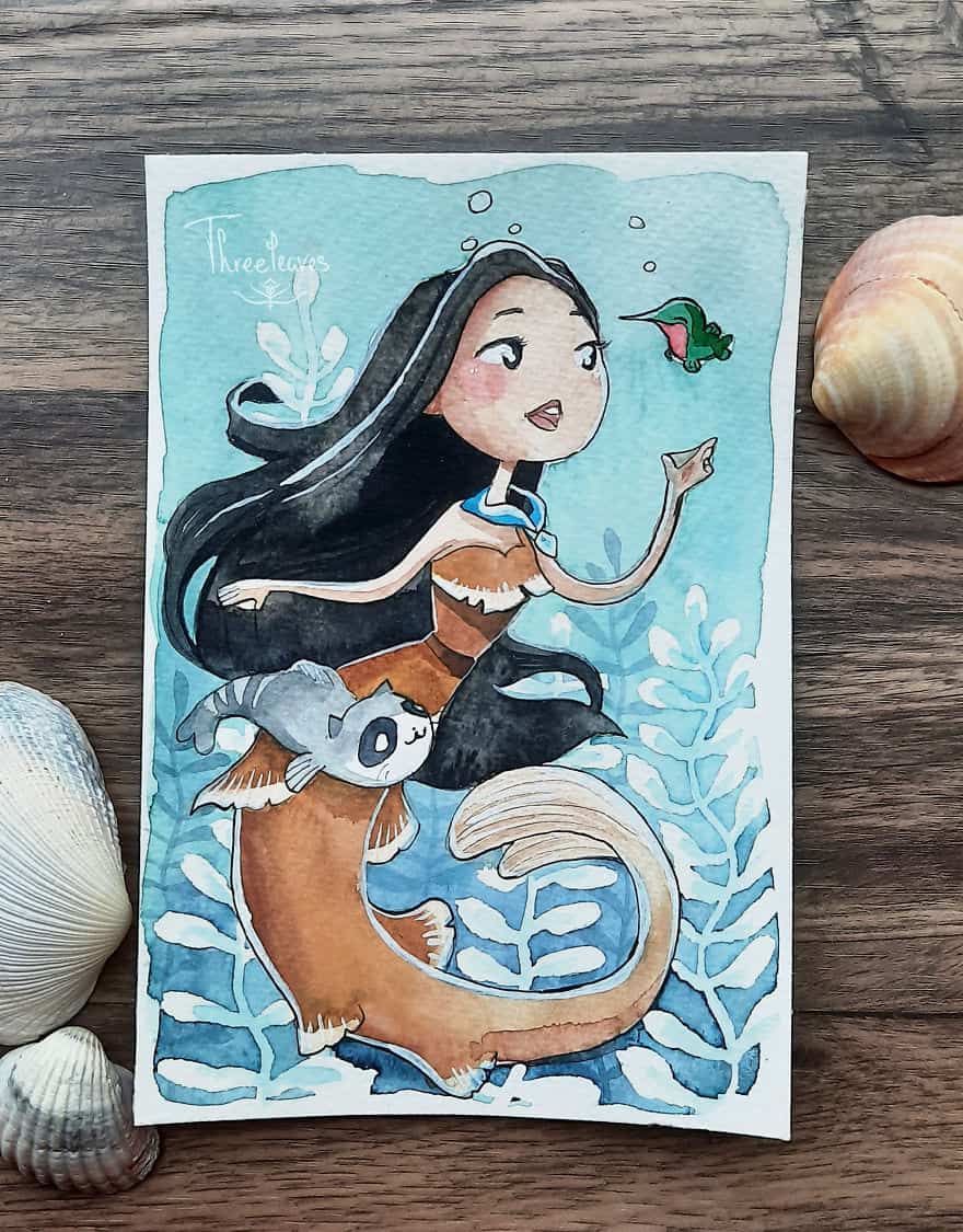 水彩美人鱼公主卡通简笔画绘画作品图片大全 作者Threeleaves_2