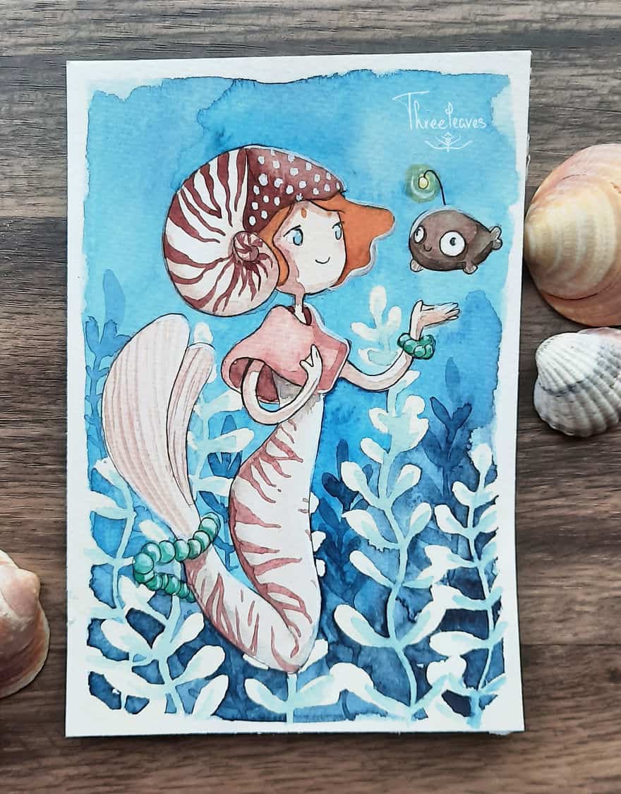 水彩美人鱼公主卡通简笔画绘画作品图片大全 作者Threeleaves_3