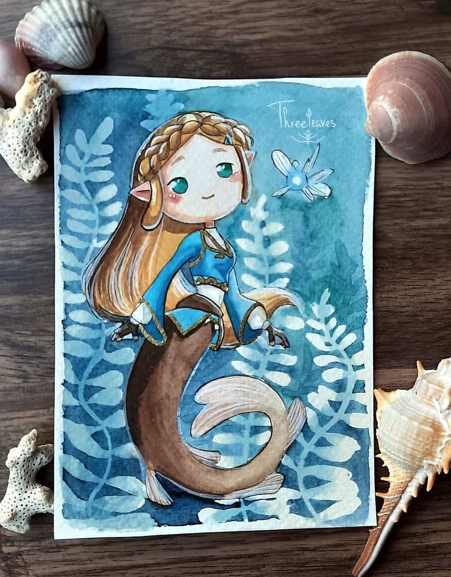 水彩美人鱼公主卡通简笔画绘画作品图片大全 作者Threeleaves_4