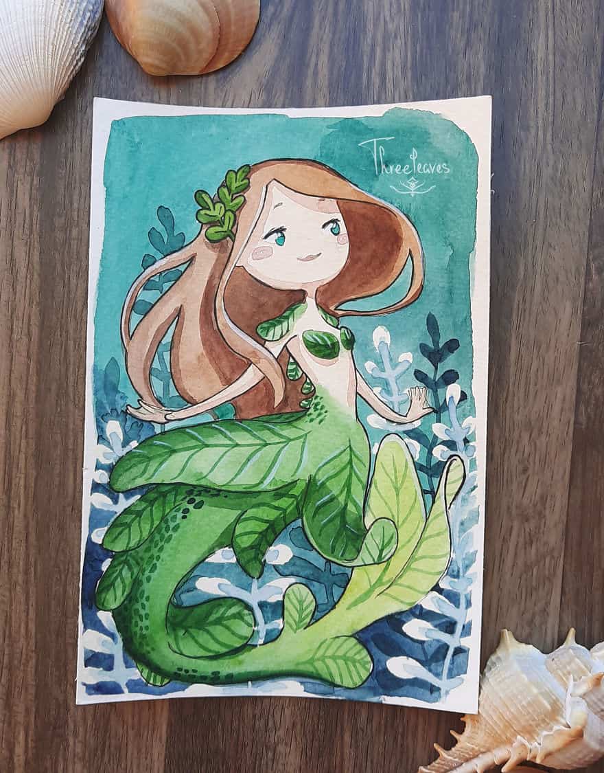 水彩美人鱼公主卡通简笔画绘画作品图片大全 作者Threeleaves_7