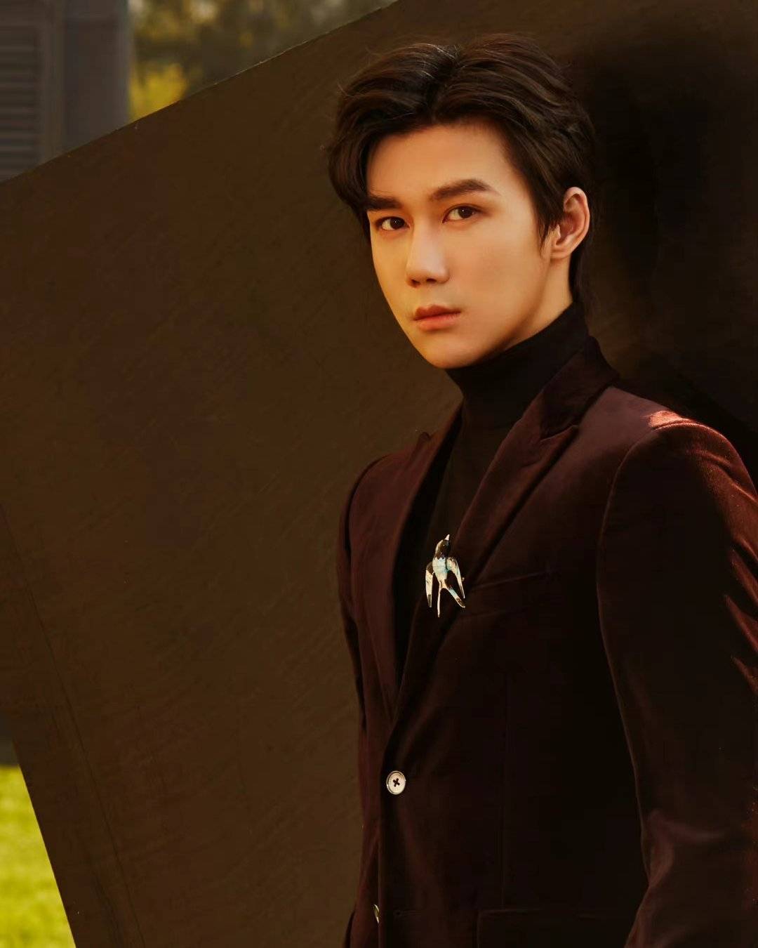 帅气年轻男明星王一哲酒红色西装写真照片_1