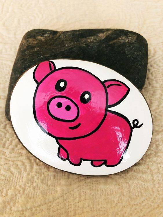 可爱粉色小猪石头画作品图片大全_7