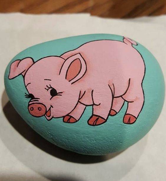 可爱粉色小猪石头画作品图片大全_3