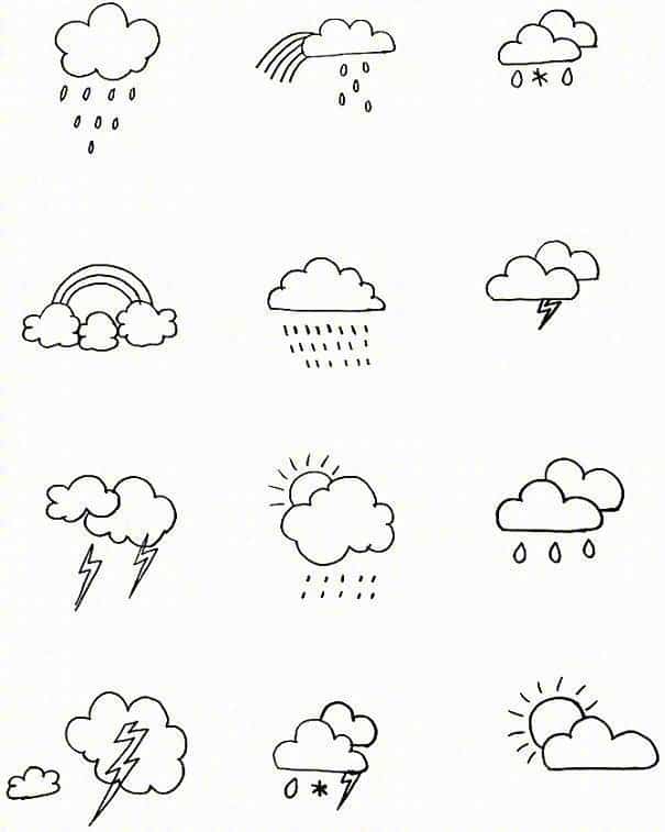 可爱天气预报图标黑白简笔画 云朵太阳下雨天简笔画这样画！_8