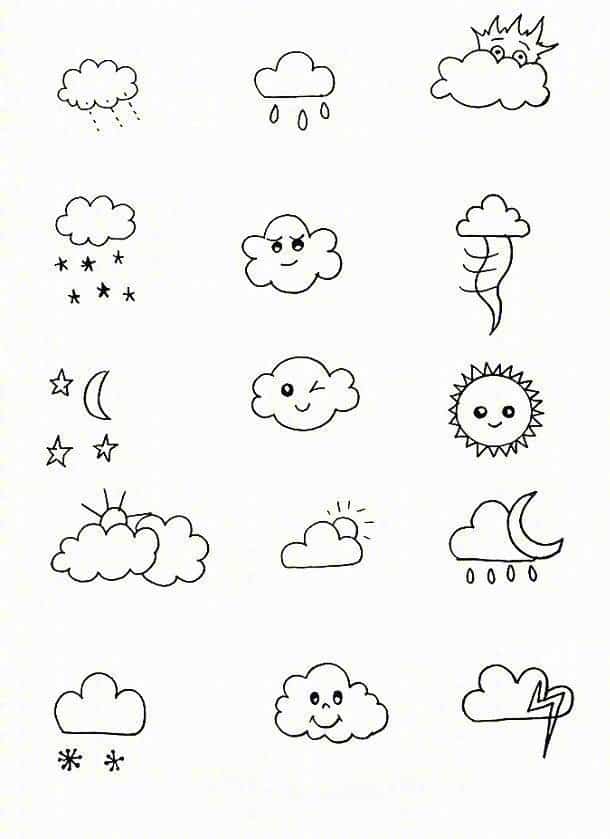 可爱天气预报图标黑白简笔画 云朵太阳下雨天简笔画这样画！_3