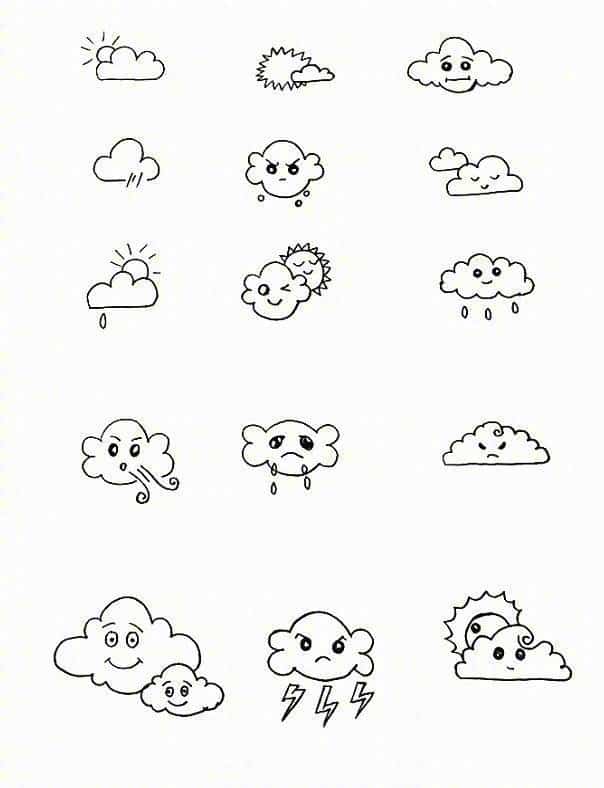 可爱天气预报图标黑白简笔画 云朵太阳下雨天简笔画这样画！_4