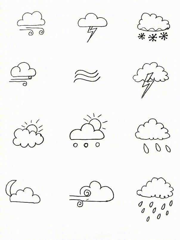 可爱天气预报图标黑白简笔画 云朵太阳下雨天简笔画这样画！_6