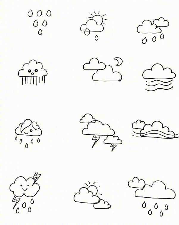 可爱天气预报图标黑白简笔画 云朵太阳下雨天简笔画这样画！_9
