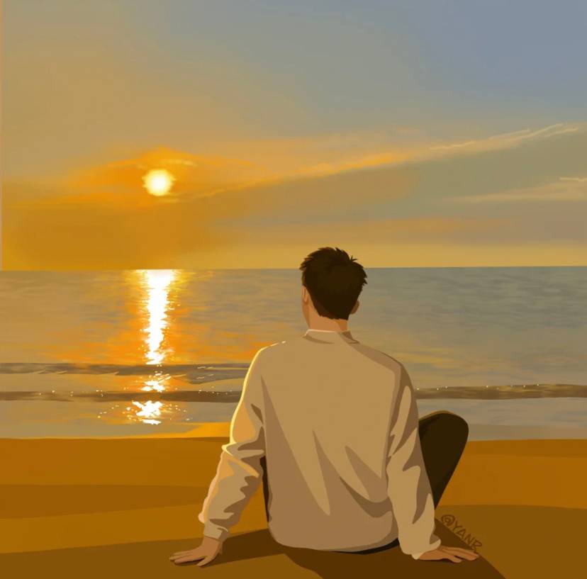 手绘大学生情侣浪漫头像 看夕阳 海边拍照一起读书！_2