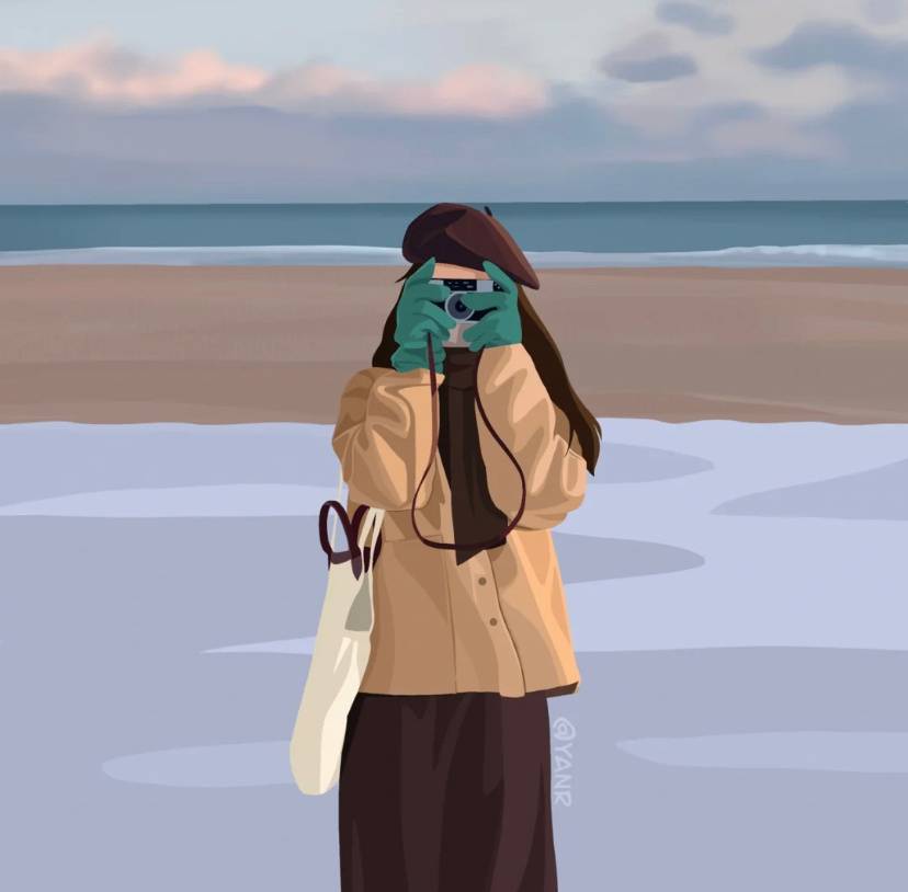 手绘大学生情侣浪漫头像 看夕阳 海边拍照一起读书！_4