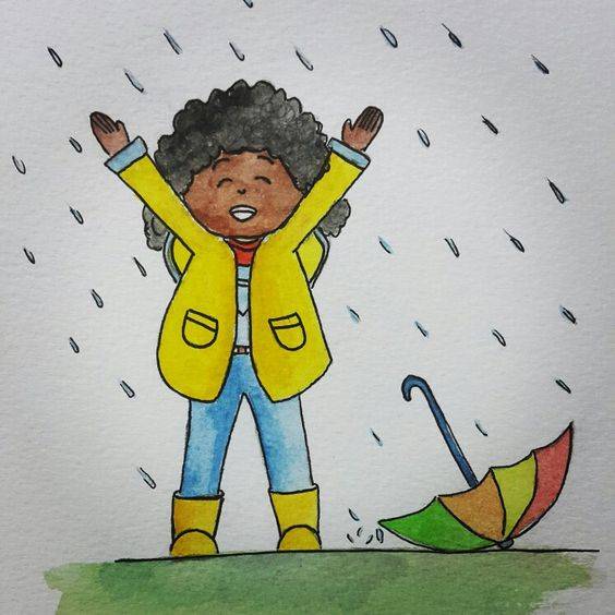下雨不打伞淋雨的小孩彩色简笔画图片大全_3