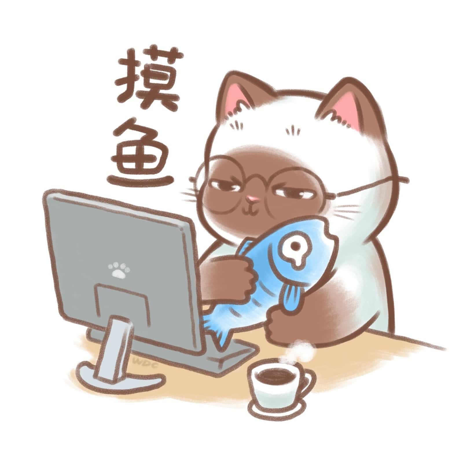 手绘戴眼镜猫咪上班摸鱼卡通头像图集_1