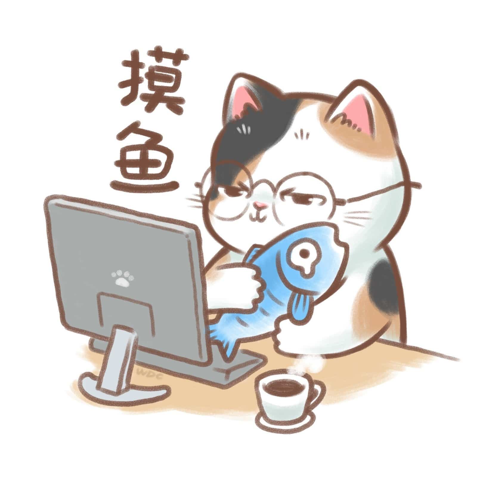 手绘戴眼镜猫咪上班摸鱼卡通头像图集_2