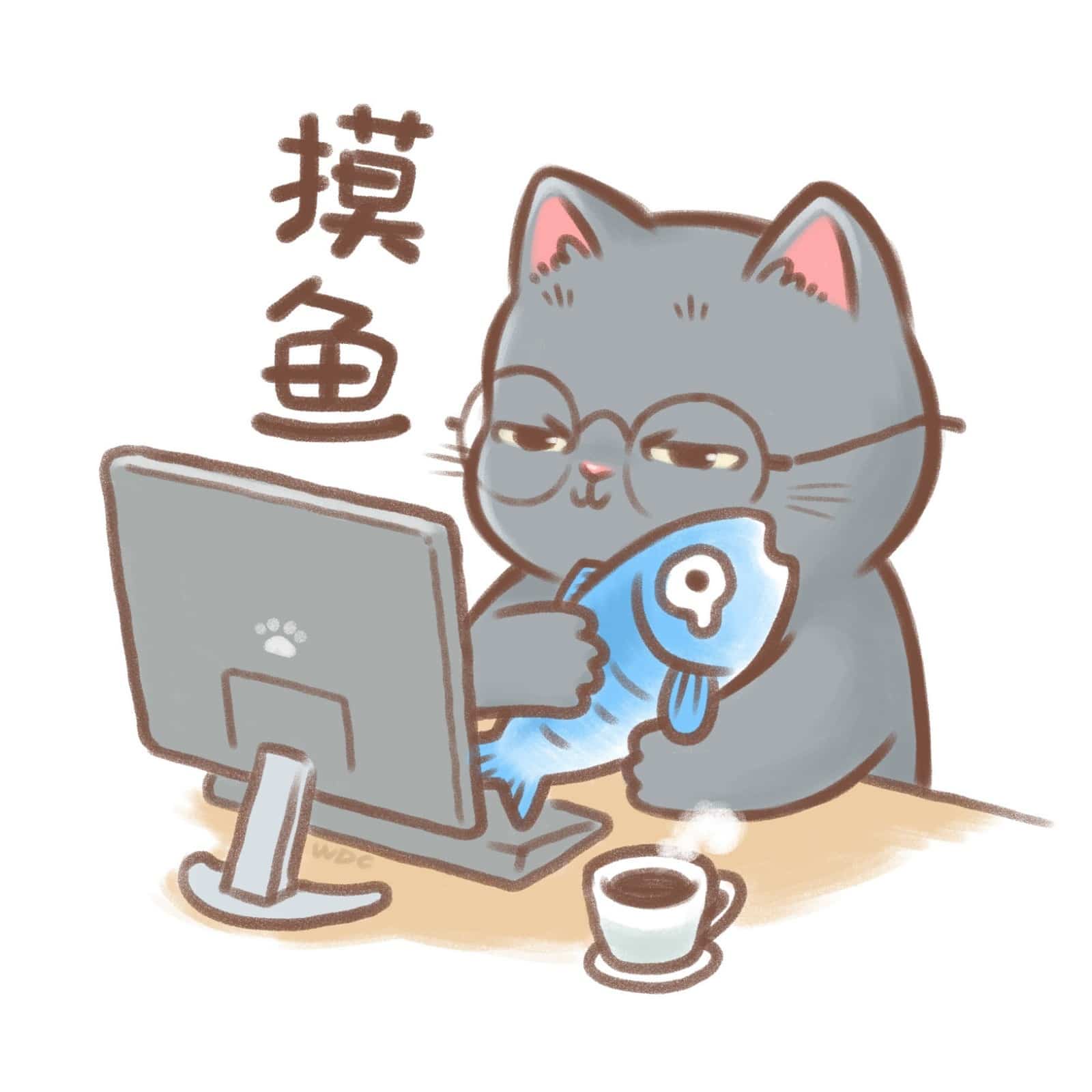 手绘戴眼镜猫咪上班摸鱼卡通头像图集_3