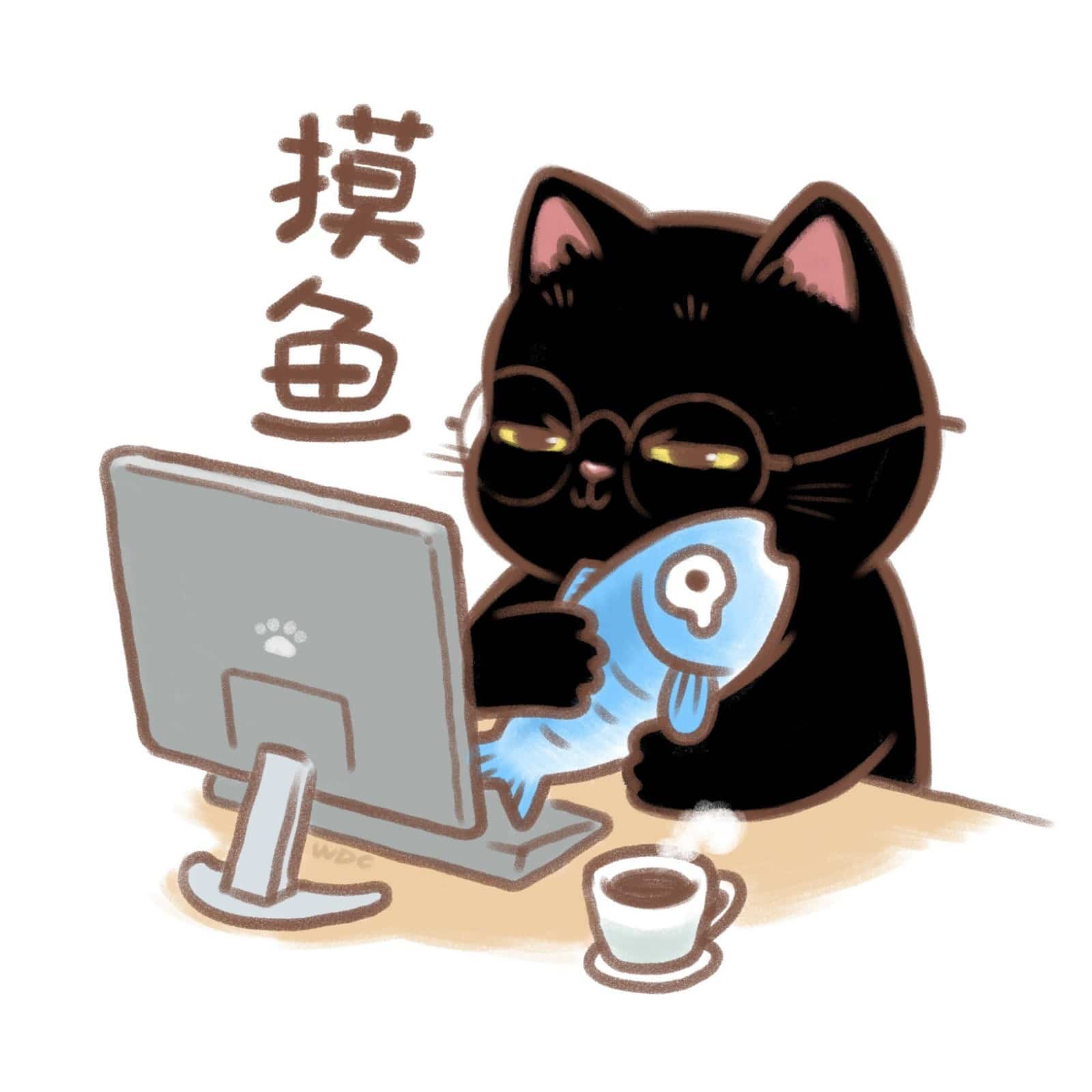 手绘戴眼镜猫咪上班摸鱼卡通头像图集_4
