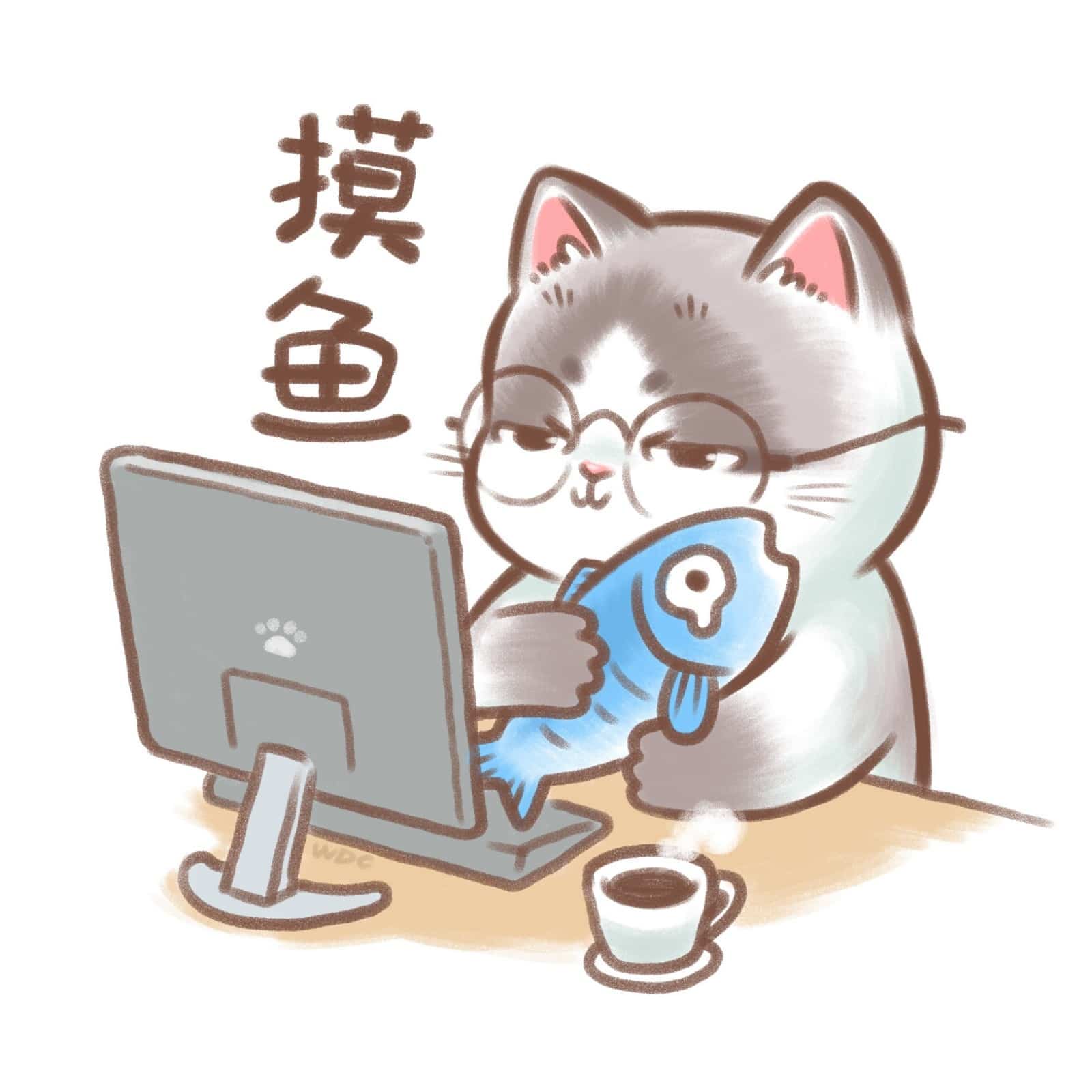 手绘戴眼镜猫咪上班摸鱼卡通头像图集_5