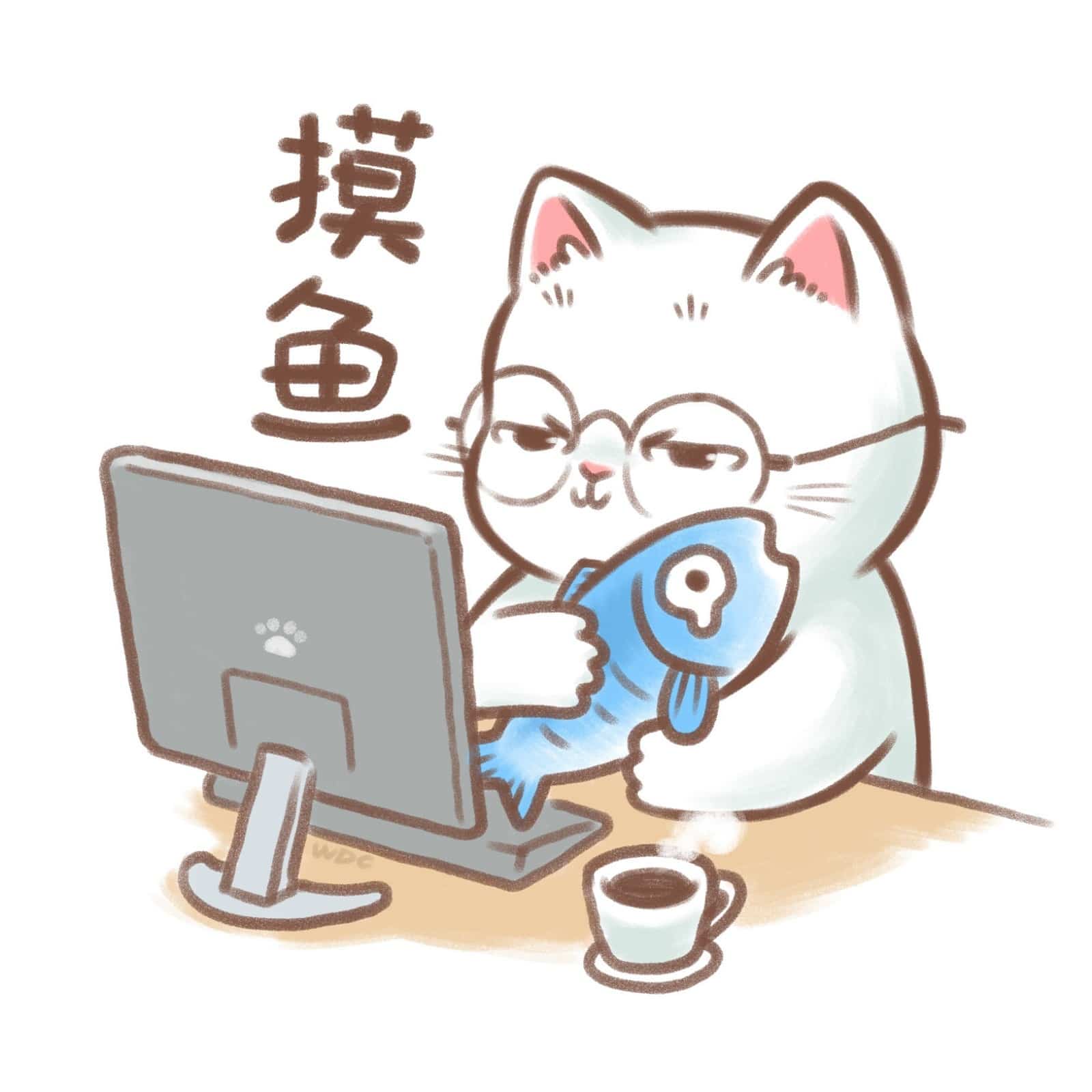 手绘戴眼镜猫咪上班摸鱼卡通头像图集_6