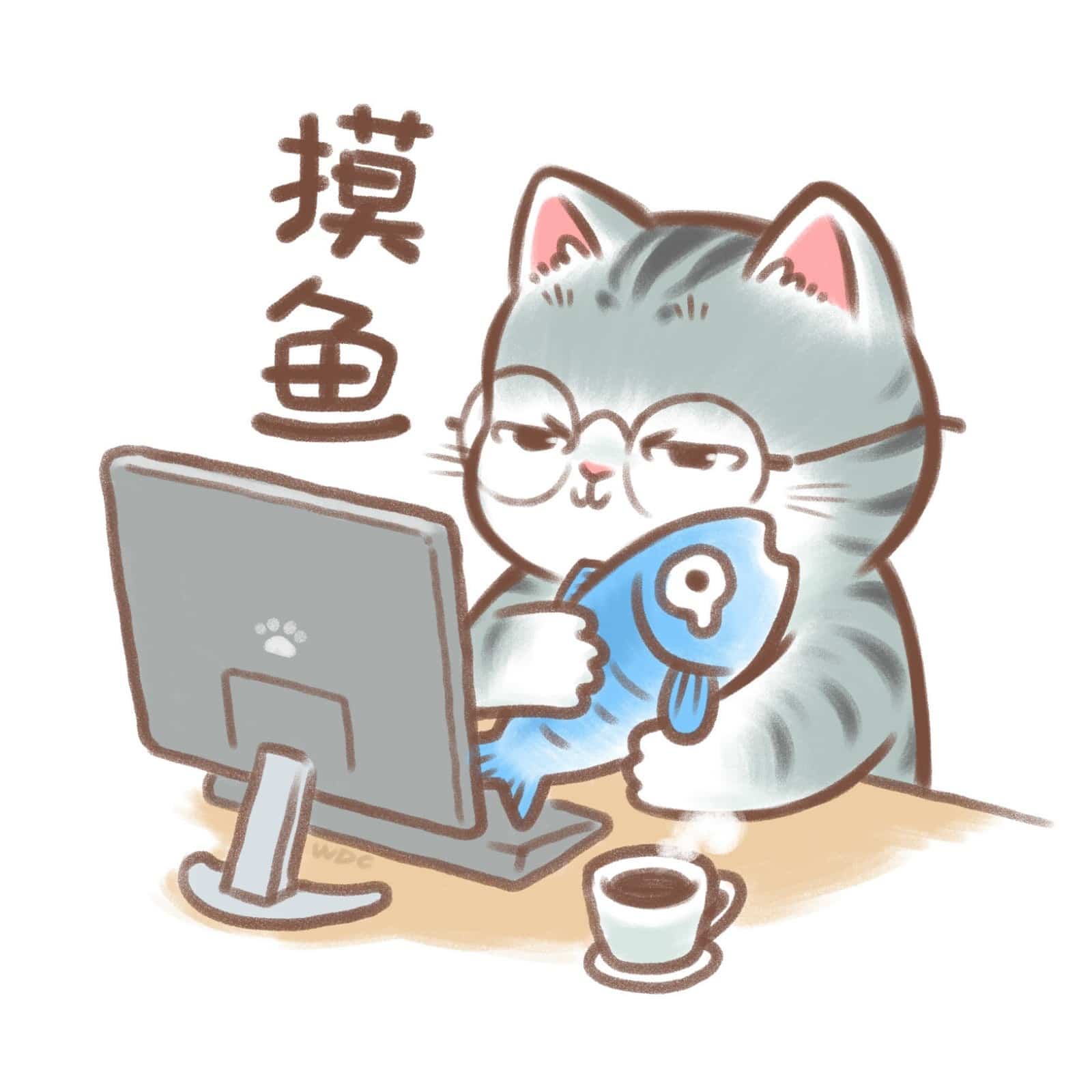 手绘戴眼镜猫咪上班摸鱼卡通头像图集_7
