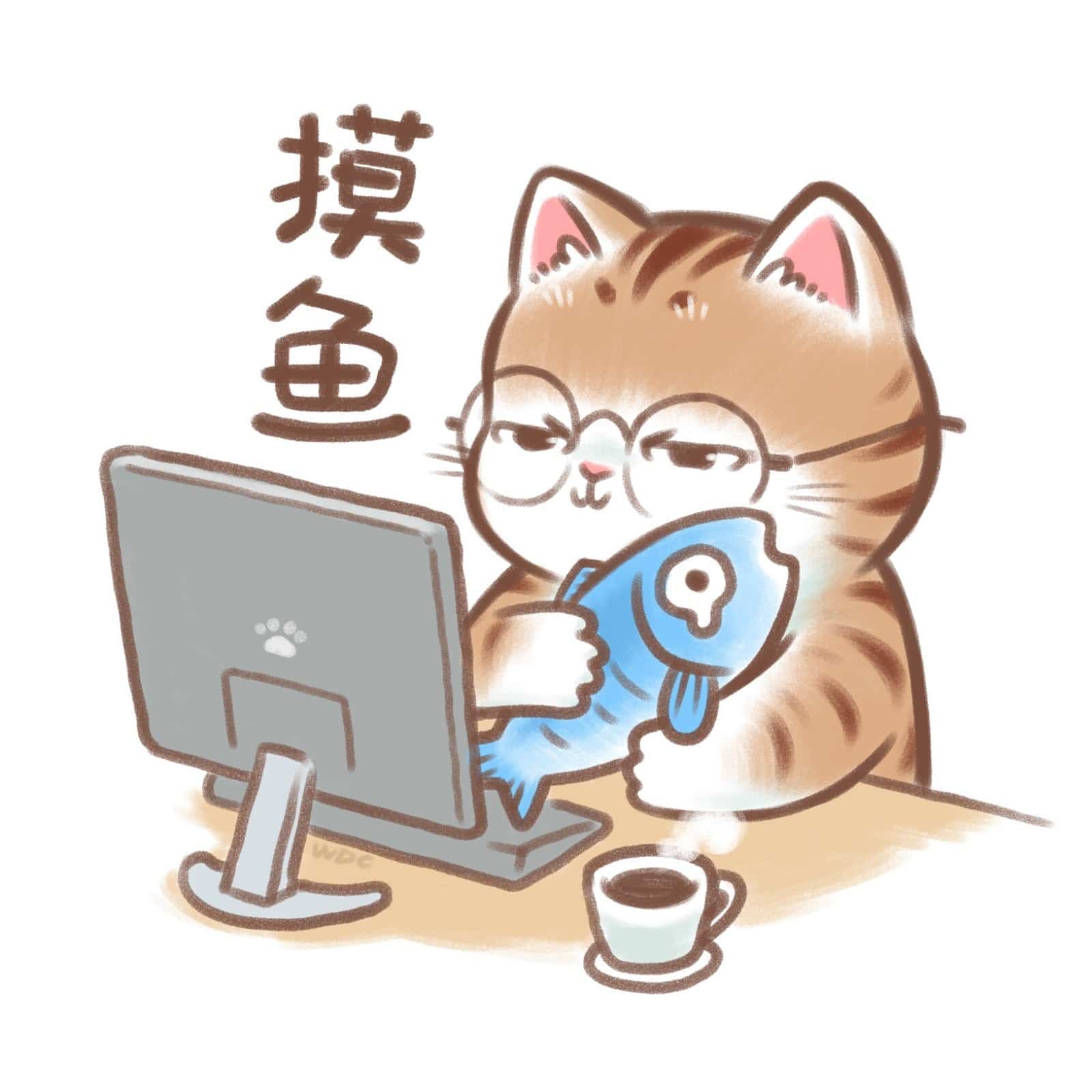 手绘戴眼镜猫咪上班摸鱼卡通头像图集_8