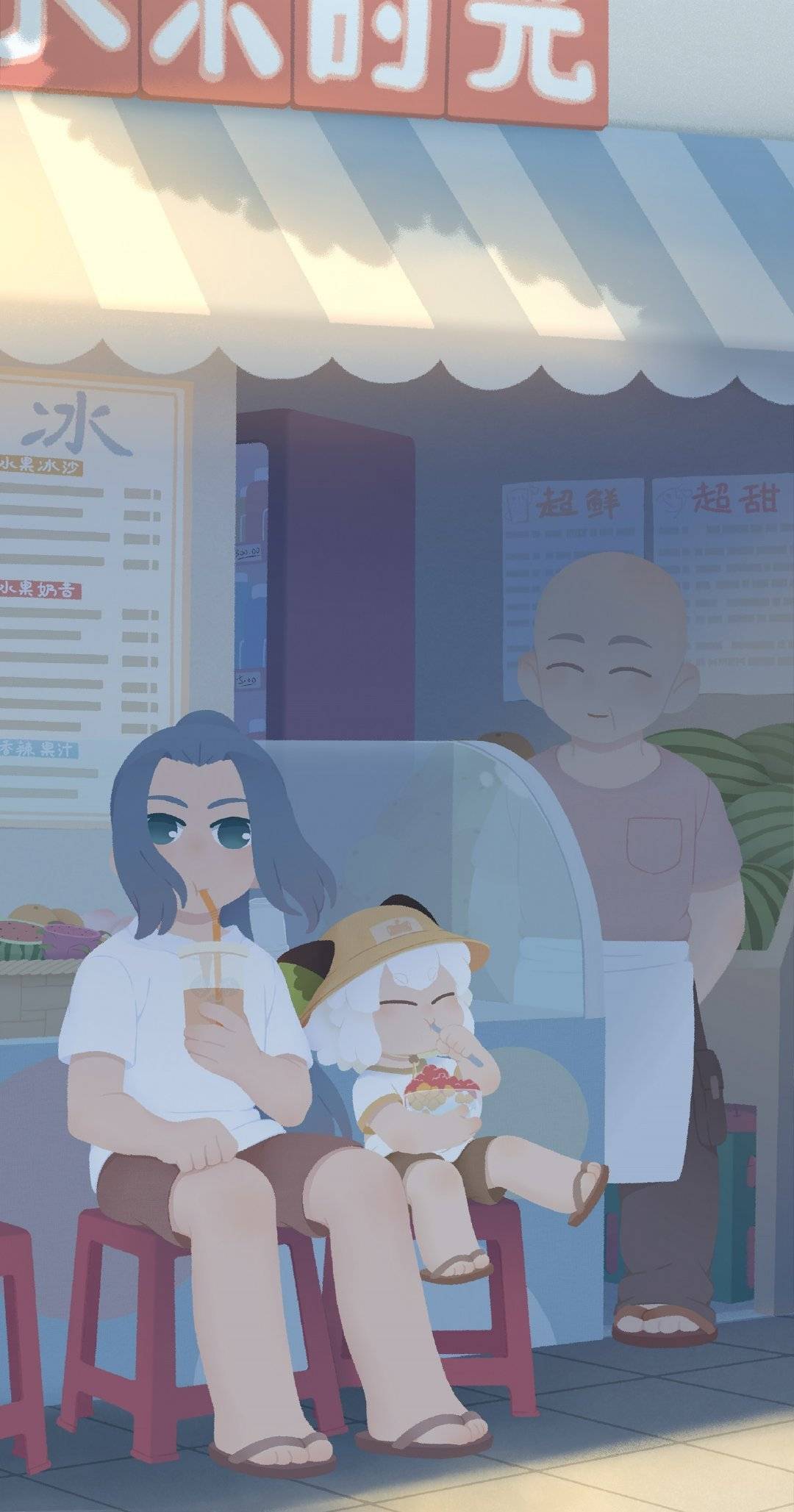 妈妈和女儿夏天一起喝饮料吃冷饮卡通朋友圈配图_1