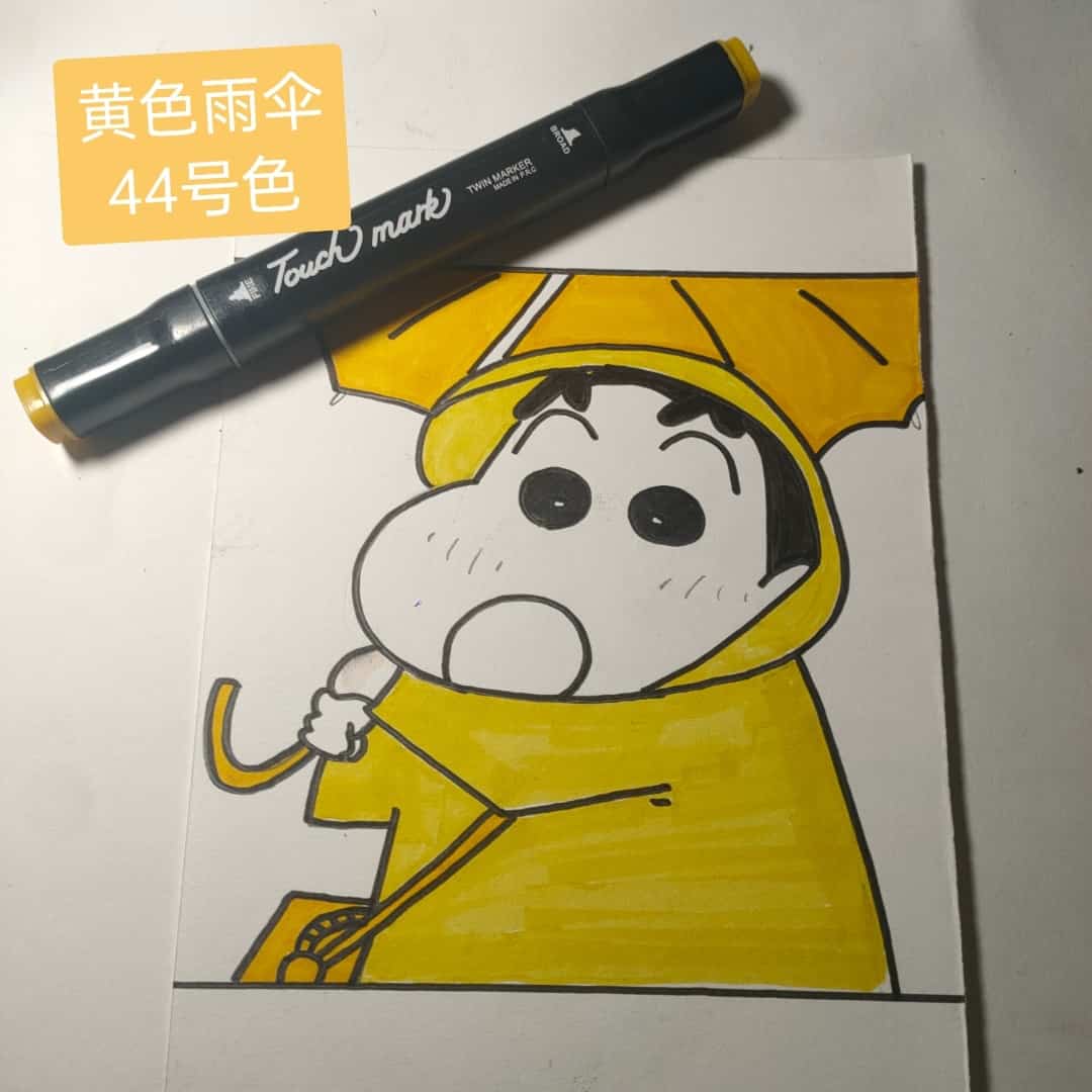 打伞穿雨衣的蜡笔小新简笔画画法教程图片_8
